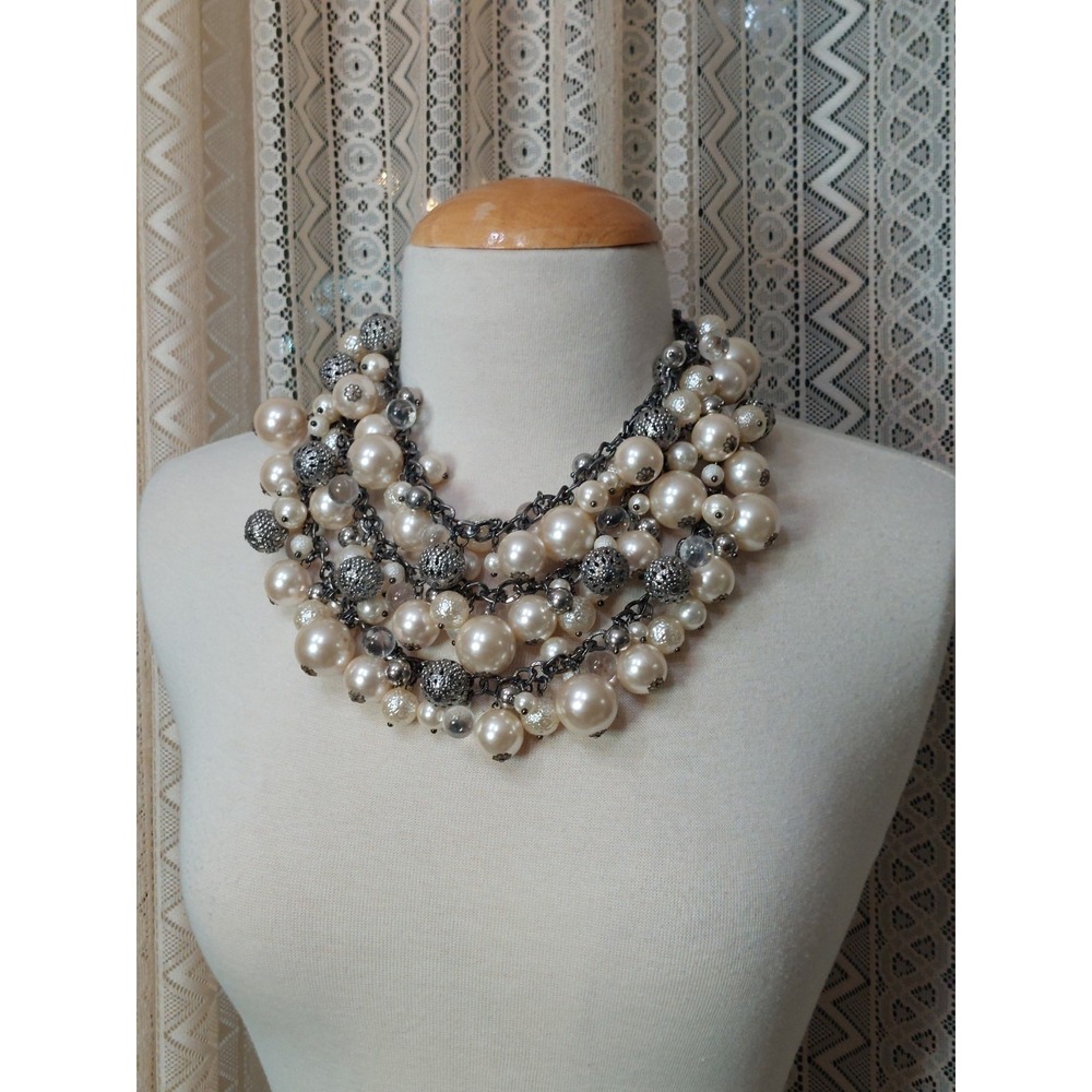 1990s Y2K Treska Pearl Bib Statement Necklace Multi Strand Chunky Gunmetal Mixed